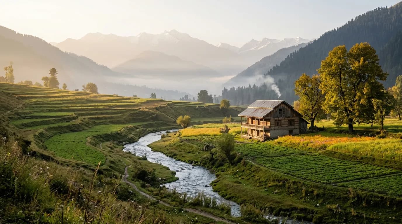 Serene agricultural terraced fields and traditional homestead in Kashmir Valley